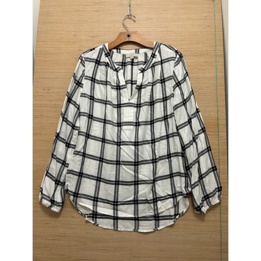 LOFT Outlet Womens Large Black White Windowpane Plaid Split Neck Blouse Top L